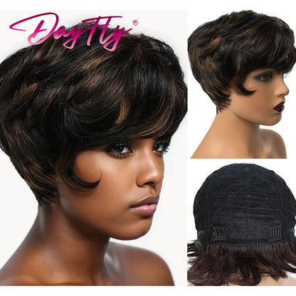 Crown & Glory Wigs Short Grey Wigs Highlight Pixie Cut Wig With Bangs Brazilian Hair Natural Wave Wigs Ombre P1B 30 44 34 Human Hair Wigs For Women