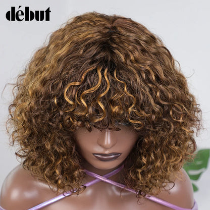 Crown & Glory Wigs  Debut Highlight Curly With Bangs Human Hair Wigs Kinky Curly Wigs For Black Women Brazilian Remy Human Hair Wigs Cheap Jerry Curl