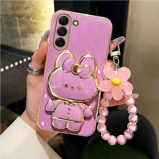 Makeup and face  Make Up Mirror Rabbit Flower Strap Case For Samsung Galaxy S24 S23 FE Plus Ultra Fan Edition