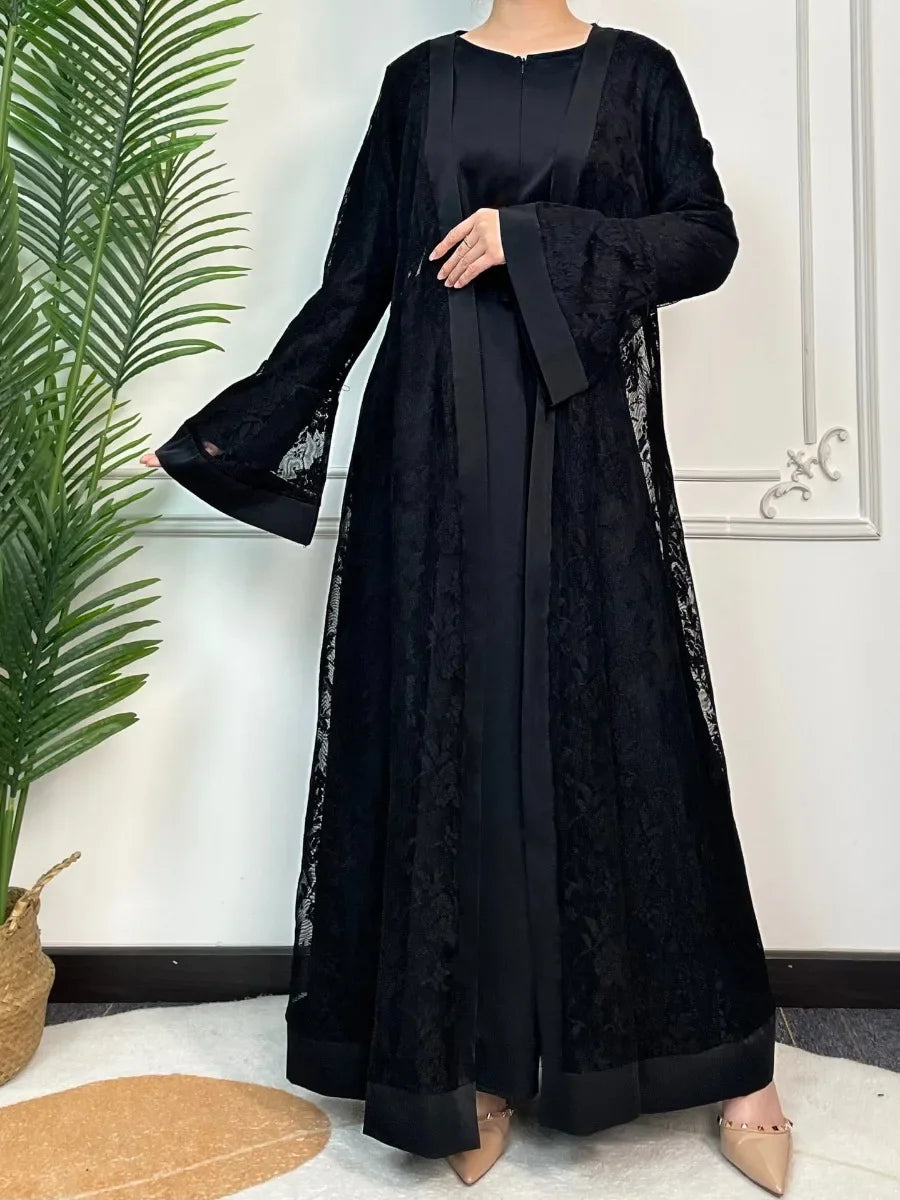 Muslim family   Ramadan Eid Prayer Lace Abaya 2 Piece Set Inner Dress Women Flare Sleeve Long Abayas Kaftan Djellaba Dubai Party Vestidos 2024