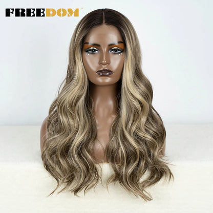 Crown & Glory Wigs   FREEDOM Synthetic Lace Front Wigs For Women Body Wave 24 Inch Wavy Wig Ombre Brown Blonde Pink Lace Wig White Cosplay Wig