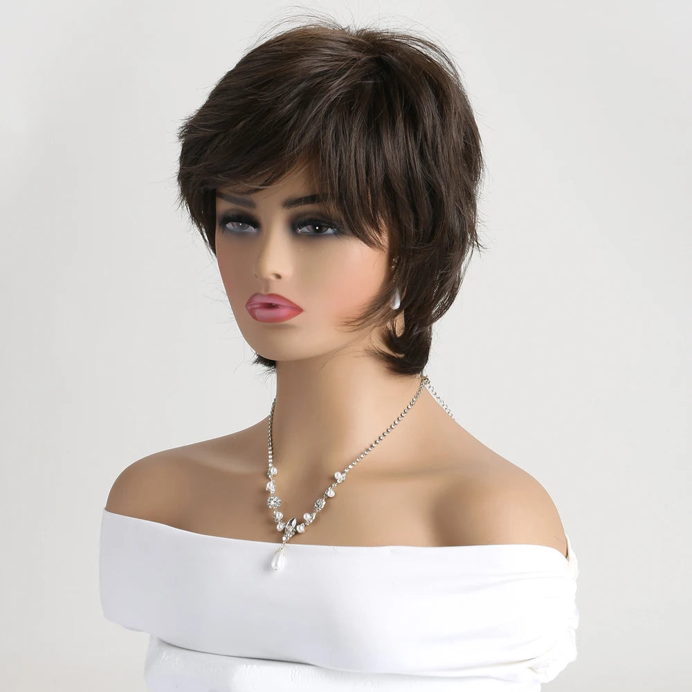 Crown & Glory Wigs   Short Natural Wigs with Bangs Soft  Hair Daily Use Short  Brown Ombre Curly Synthetic Hair Costume Party Wig for Women