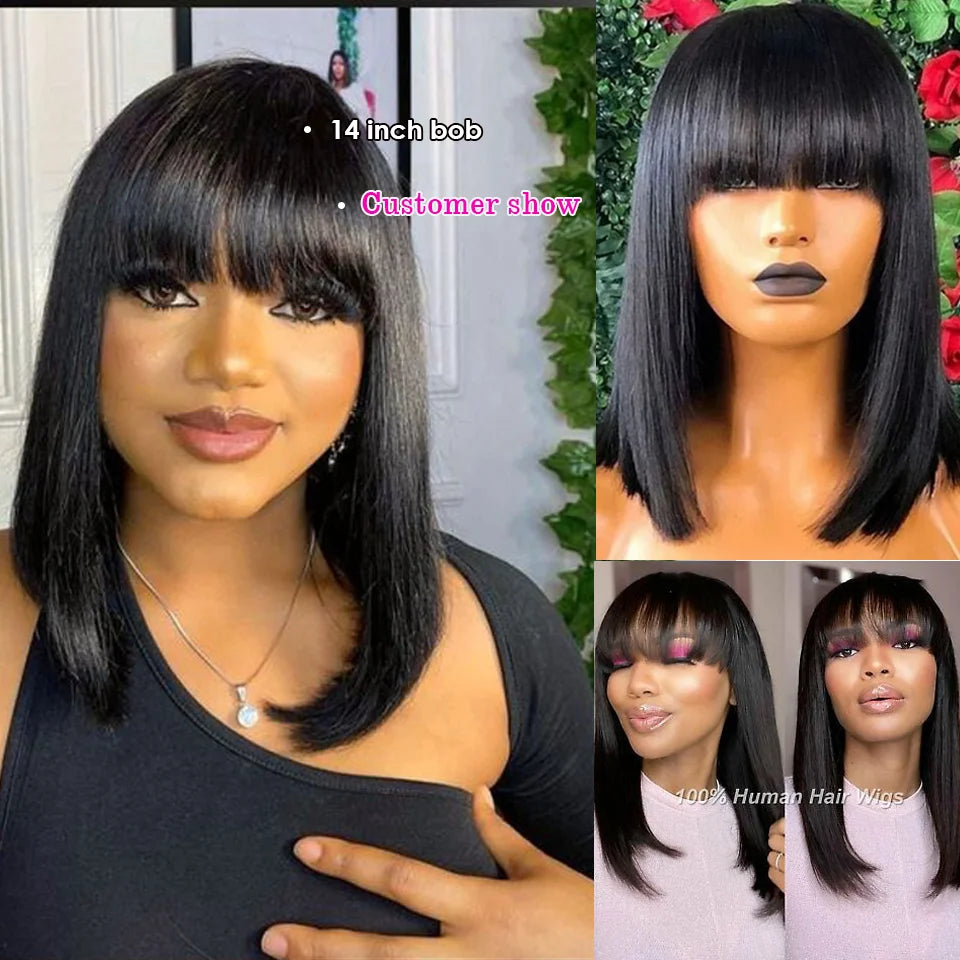 Crown & Glory Wigs  Short Bob Wig With Bangs Glue less Human Hair Wig Ready to Go Straight Hair Bob Wigs Brazilian Remy Full Machine Wigs for Women