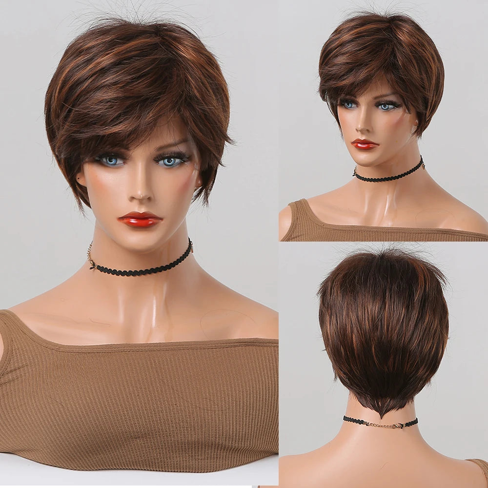 Crown & Glory Wigs  Bob Synthetic Wigs Ombre Brown to Blonde Straight Short Hair with Bangs for Women Daily Party Cosplay Use Heat Resistant Fibre