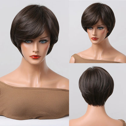 Crown & Glory Wigs  Bob Synthetic Wigs Ombre Brown to Blonde Straight Short Hair with Bangs for Women Daily Party Cosplay Use Heat Resistant Fibre