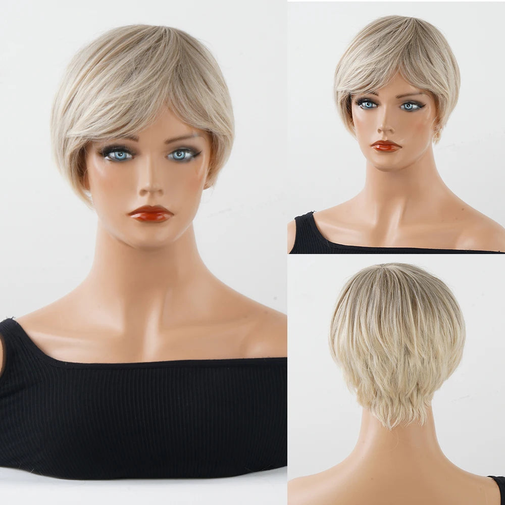 Crown & Glory Wigs  Bob Synthetic Wigs Ombre Brown to Blonde Straight Short Hair with Bangs for Women Daily Party Cosplay Use Heat Resistant Fibre