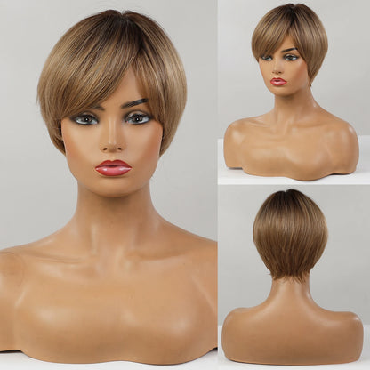 Crown & Glory Wigs  Bob Synthetic Wigs Ombre Brown to Blonde Straight Short Hair with Bangs for Women Daily Party Cosplay Use Heat Resistant Fibre