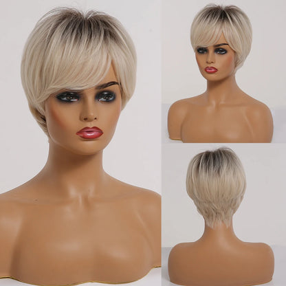 Crown & Glory Wigs  Bob Synthetic Wigs Ombre Brown to Blonde Straight Short Hair with Bangs for Women Daily Party Cosplay Use Heat Resistant Fibre