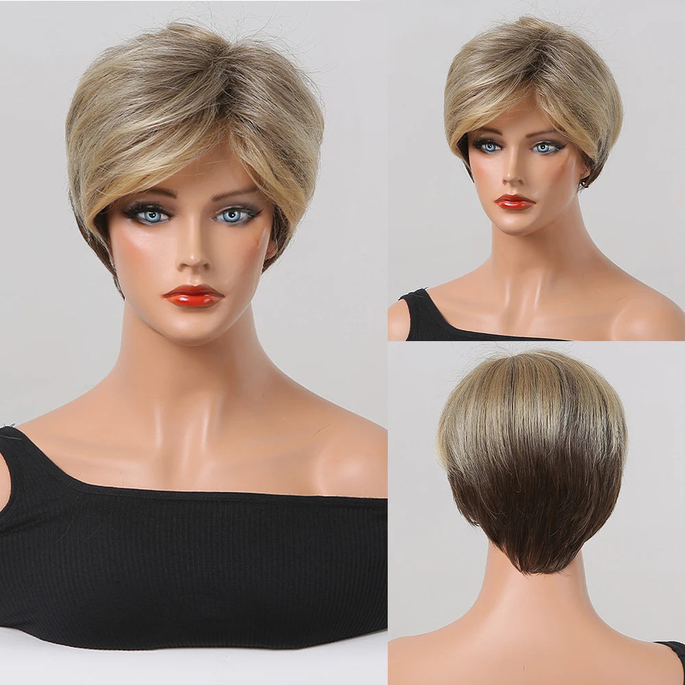 Crown & Glory Wigs  Bob Synthetic Wigs Ombre Brown to Blonde Straight Short Hair with Bangs for Women Daily Party Cosplay Use Heat Resistant Fibre