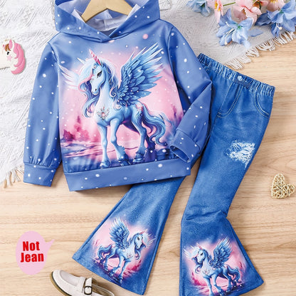 Girl clothing  2pcs Purple Unicorn Print Long Sleeve Hoodie + Trousers Set