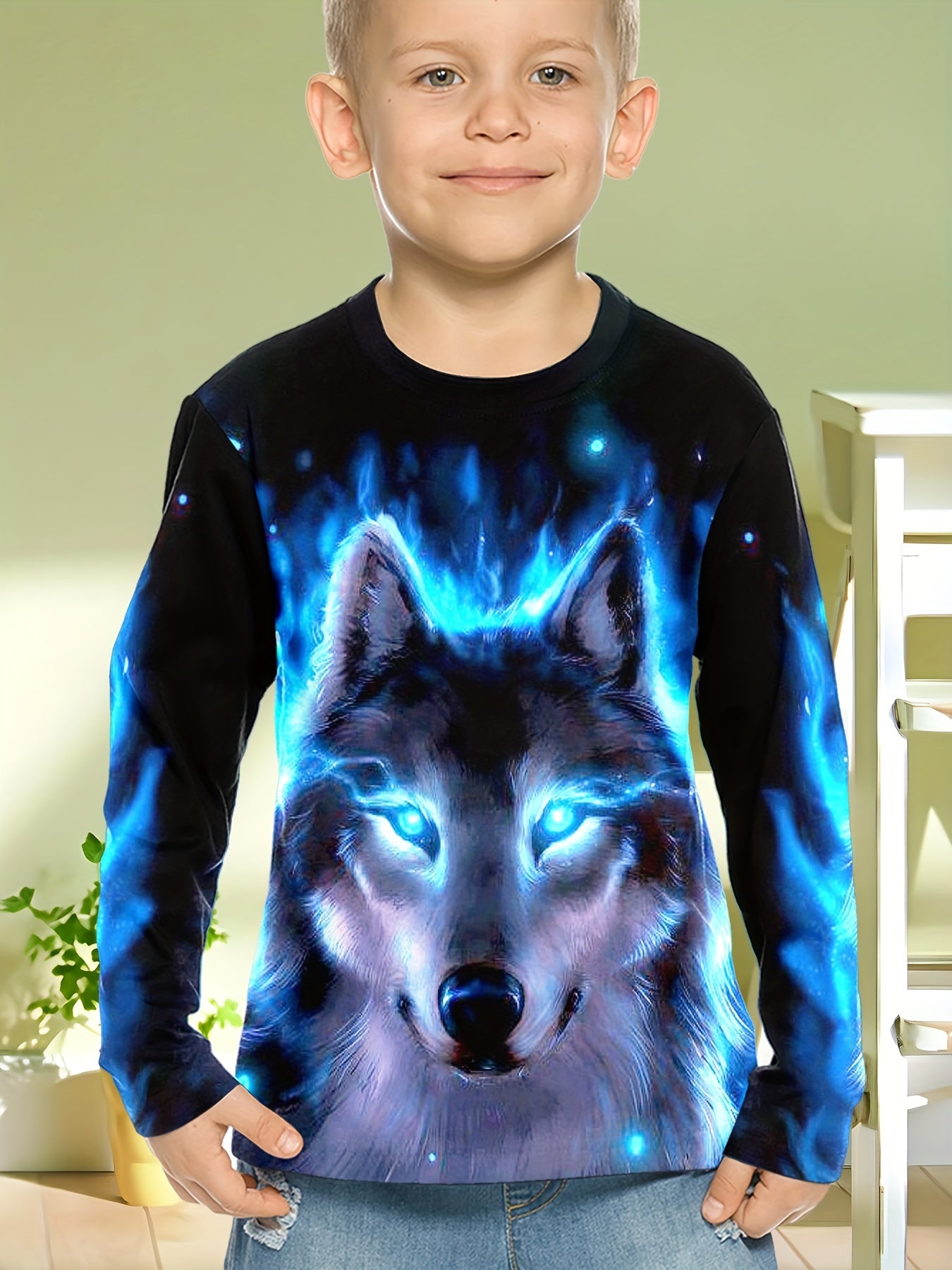 Boy  clothing   Wolf Head Print Long Sleeve T-Shirt