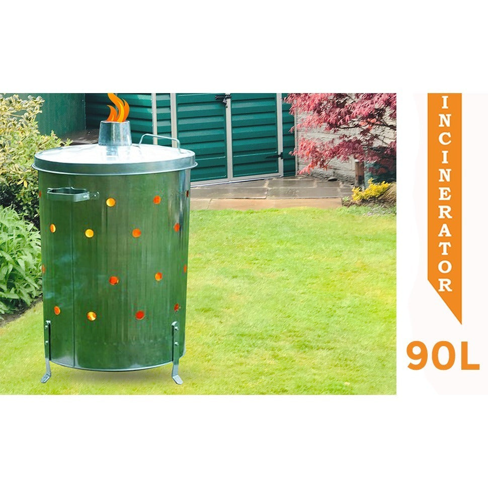 Outdoor  90 Litre Extra Large 90L Galvanised Metal Incinerator Recycle Garden Rubbish Fire Wood Burner Burning Leaves