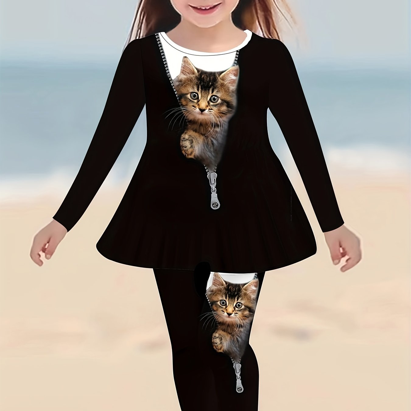 Girl clothing  Cat Print Long Sleeve Dress & Pants Set for Girls