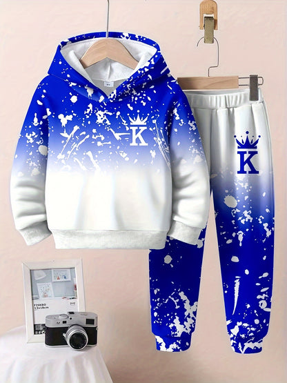 Boy  clothing   2pcs Set, Casual Crown Letter Printed Hoodie and Pants Outfit