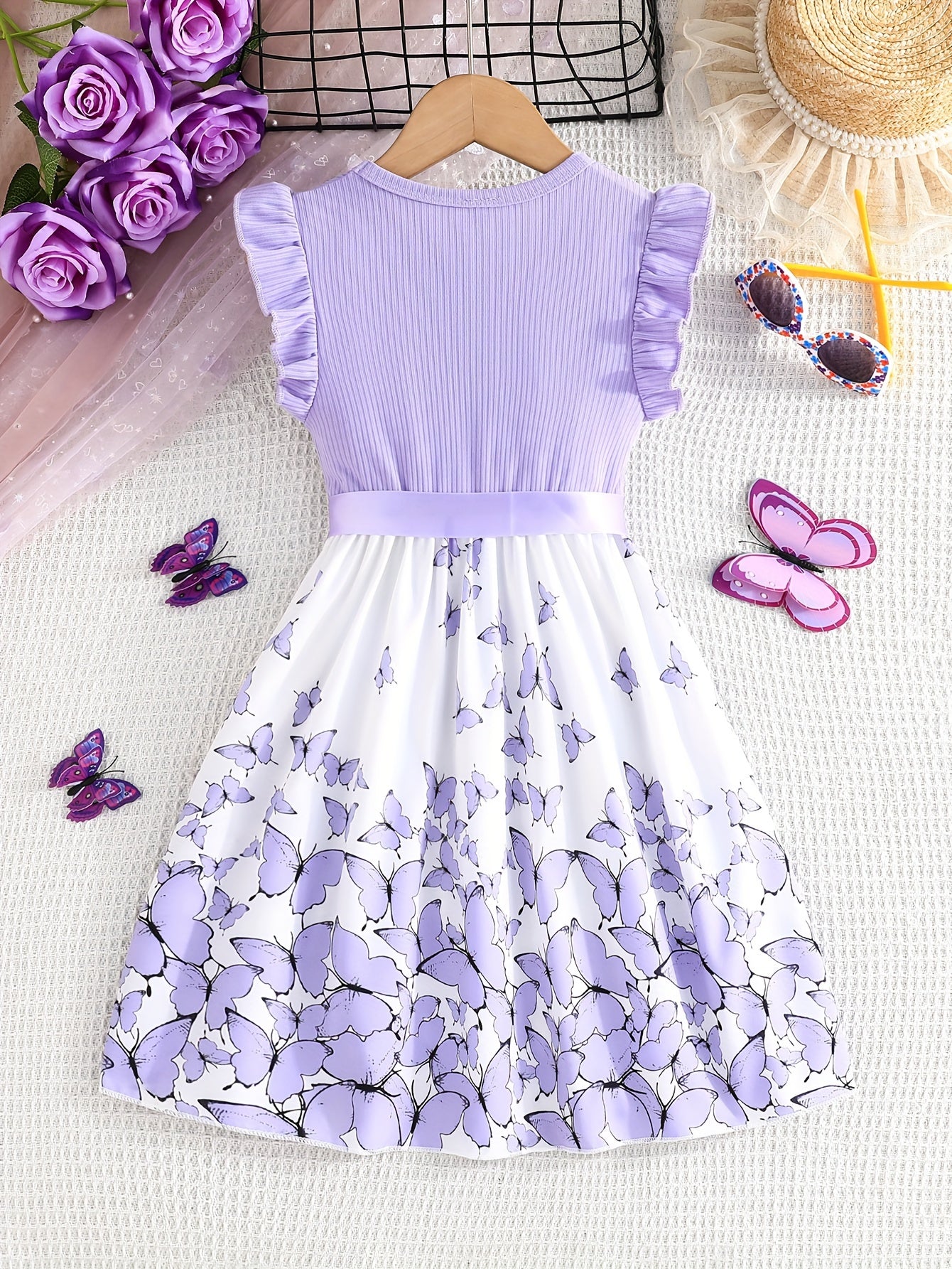 Girl clothing  Girls' Butterfly Print Spliced Solid Color Groove No-sleeve Earlobe Sleeve Hem Dress + Belt Two-piece Set