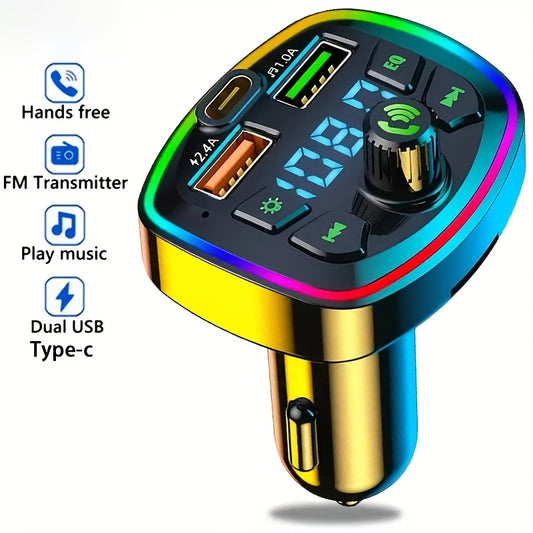 Car New Wireless In-Car FM Transmitter And Dual USB-C Chargers - Hands-Free Phone Kit with TF Card And USB Stick Support for Music Playback, Easy Control, Color LED Display for All Vehicles