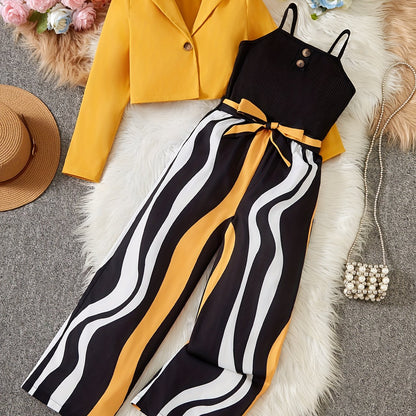 Girl clothing  Long Sleeve Short Blazer + Camisole + Striped Jumpsuit Set Includes Belt