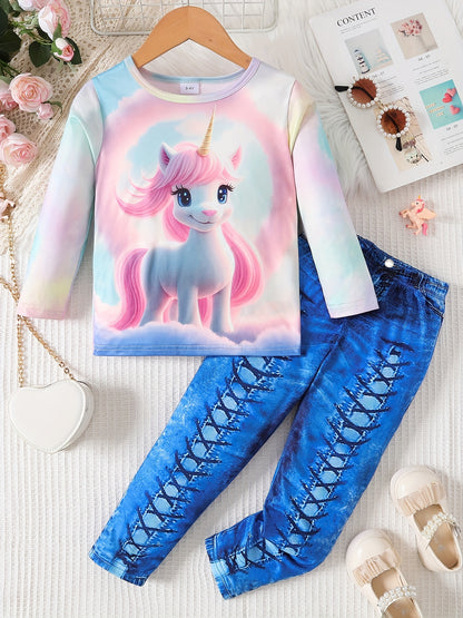 Girl clothing  2pcs Girls Unicorn Graphic Pullover + Faux Denim Print Pants Set