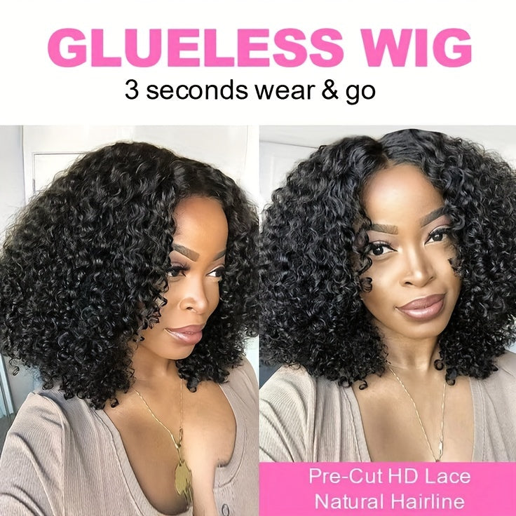 Crown & Glory Wigs  Glue less Wigs Human Hair Pre Plucked Pre Cut Curly Put On And Go None Lace Curly Wig For Women 4x4 HD Lace Closure Wig