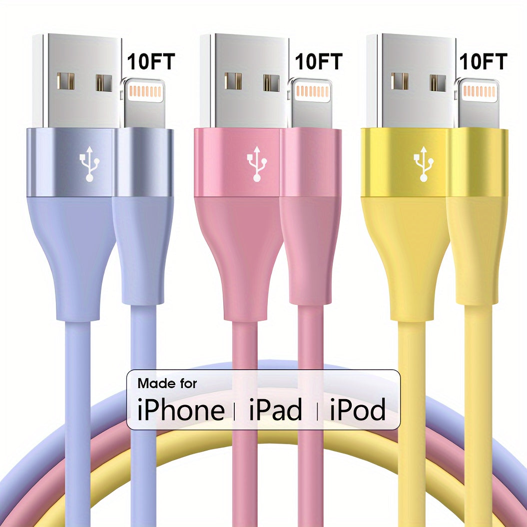 Mobile 1/3pcs 10ft Fast Charging Cable - MFi Certified for iPhone 14/13/12/11 Pro Max/12 Mini/XR/XS/X/8/7/6 Plus SE