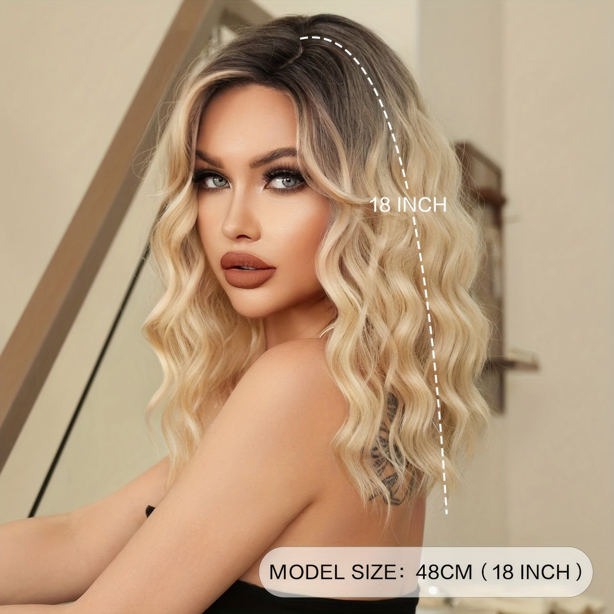 Crown & Glory Wigs   7JHH WIGS Chic Ombre Blonde Shoulder-Length Wig for Women - Deep Wave, High Density 150% Synthetic Hair with Dark Roots to Light Tips, Beginner-Friendly, Heat Resistant, 18-Inch, Perfect for Vacation Style, Short Hair Wig