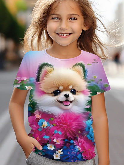 Girl clothing Puppy Print Crew Neck Short Sleeve T-shirt