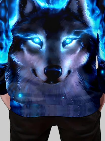 Boy  clothing  Blue Flame Wolf 3D Print Boys Long Sleeve Hoodie