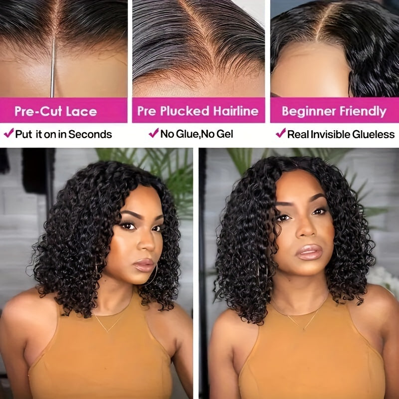 Crown & Glory Wigs  Glue less Wigs Human Hair Pre Plucked Pre Cut Curly Put On And Go None Lace Curly Wig For Women 4x4 HD Lace Closure Wig