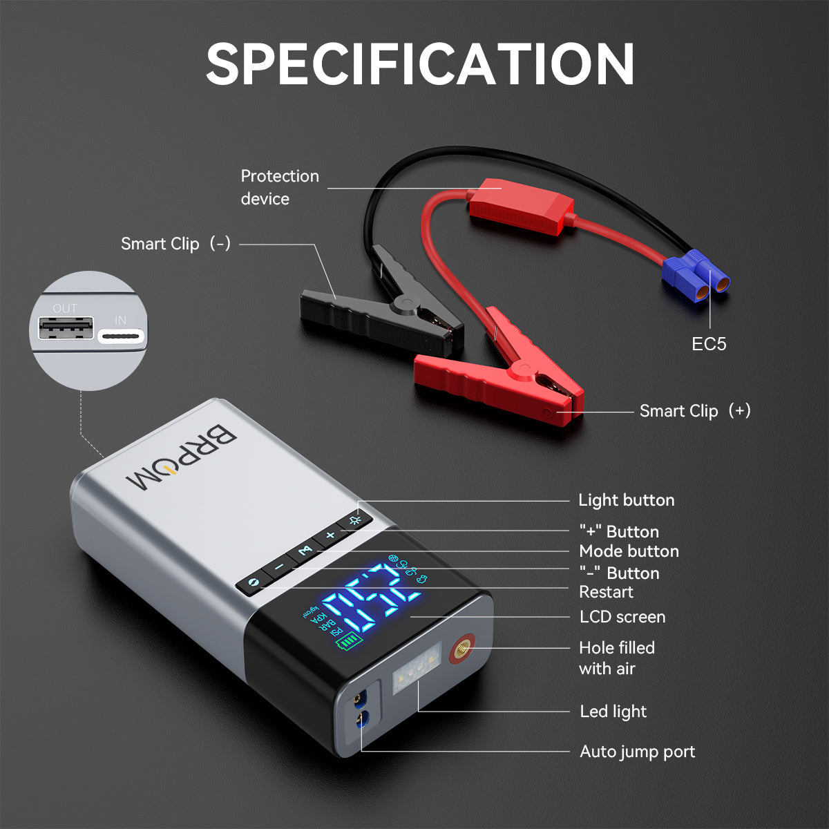 Car 7500A Portable Car Jump Starter With Air Compressor - 150PSI, USB Rechargeable Battery, 400 Lumen Flashlight, Digital Tire Inflator For Gas/Diesel Up To 10L