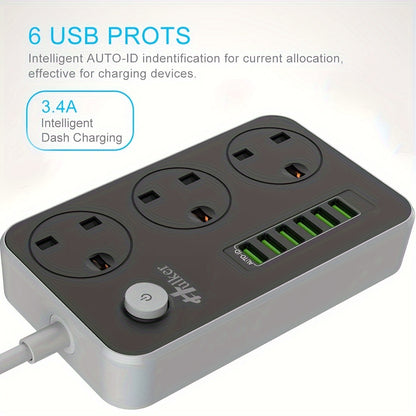 Mobile  2M Durable Hulker Power Strips with 3 Way Outlets, 6 USB Ports, Smart USB Charger, and UK Socket