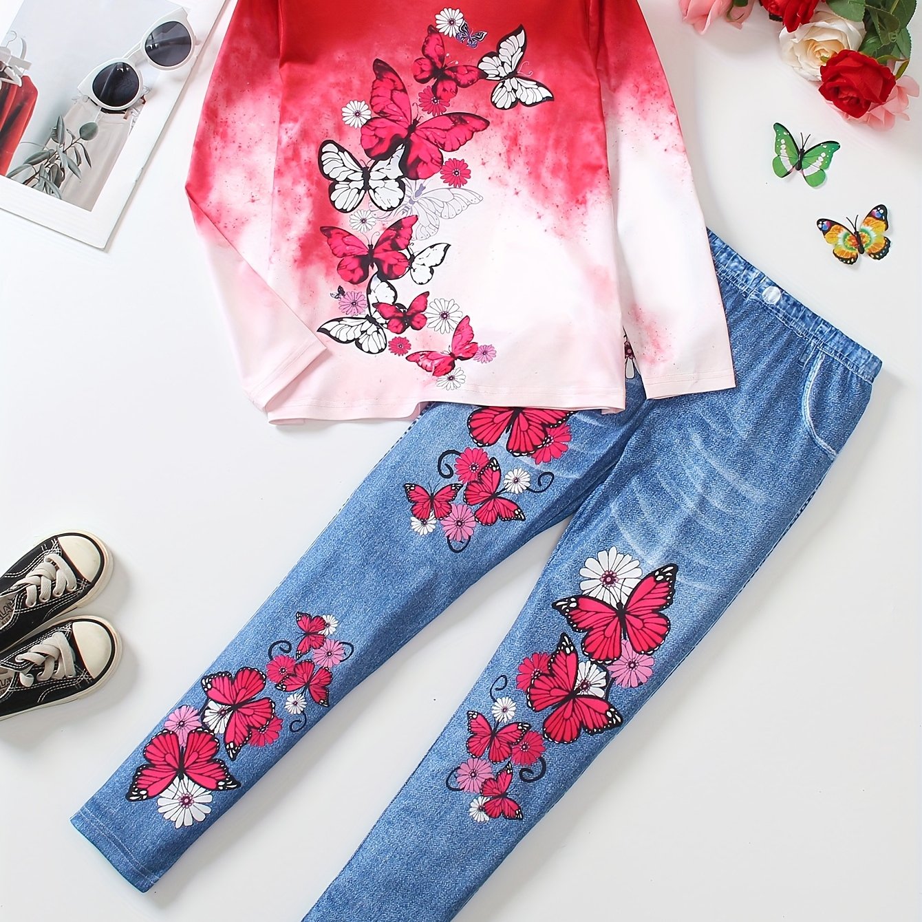 Girl clothing  Girls' Butterfly & Floral Print Outfit Set - Long Sleeve Crew Neck Top with Imitation Denim-Printed Leggings