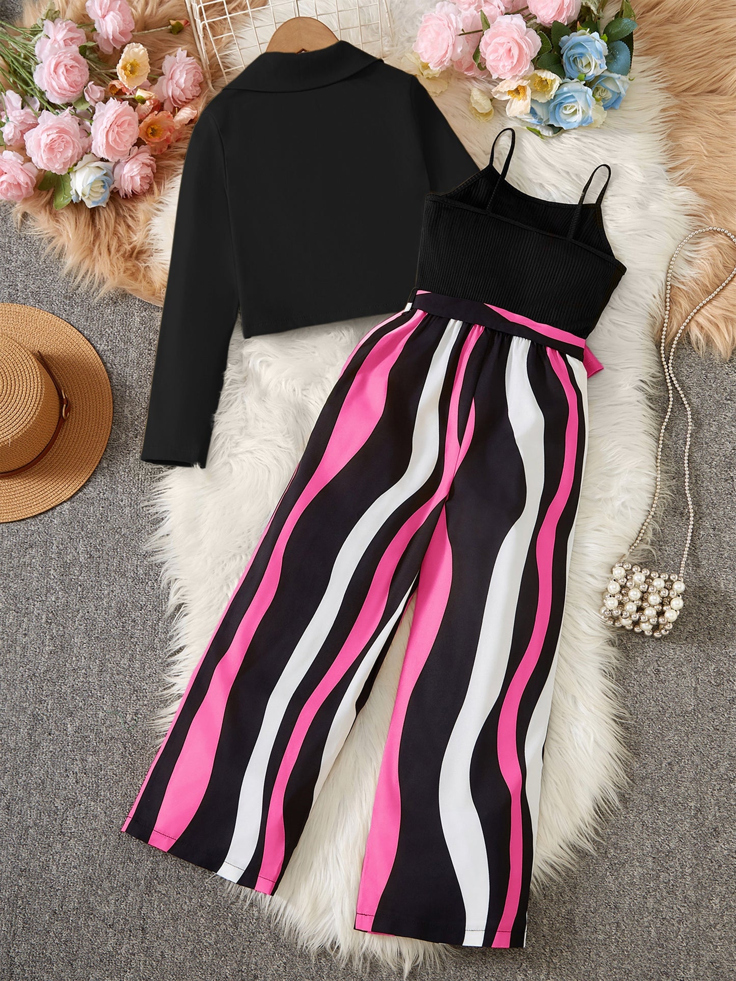 Girl clothing  Long Sleeve Short Blazer + Camisole + Striped Jumpsuit Set Includes Belt