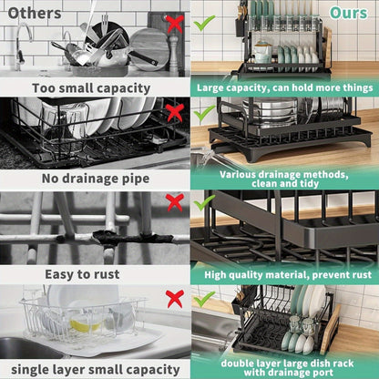 Kitchen   2-Tier Stainless Steel Dish Drying Rack with Rotatable Drainage System, Adjustable Dish Drainer, Utensil Holder, and Cup Rack for Kitchen Counter