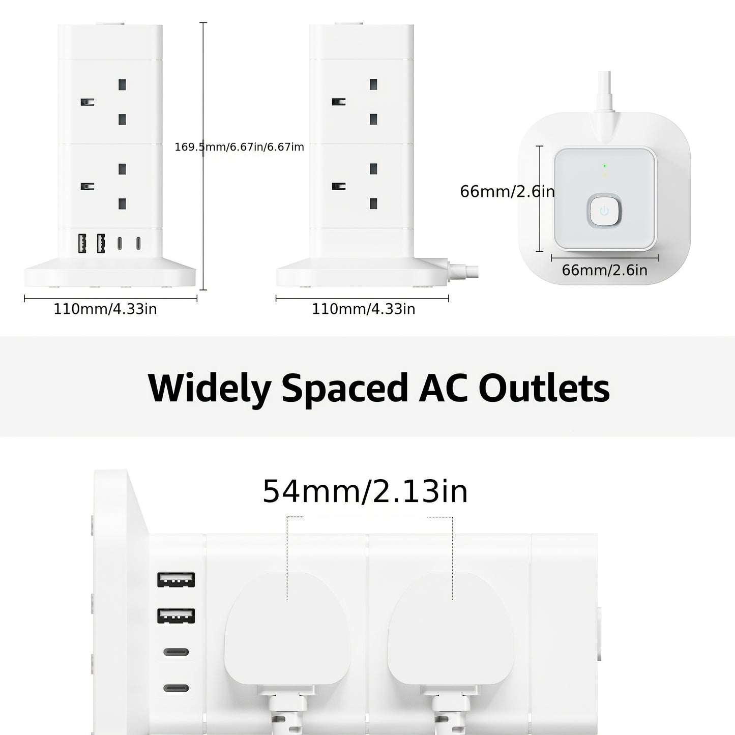 Kitchen  Tower Extension Lead 2M/3M/5M With USB Slots, Hotimy 8 Way 4 USB (2 USB-A&2 USB C) Multi Plug Extension Tower