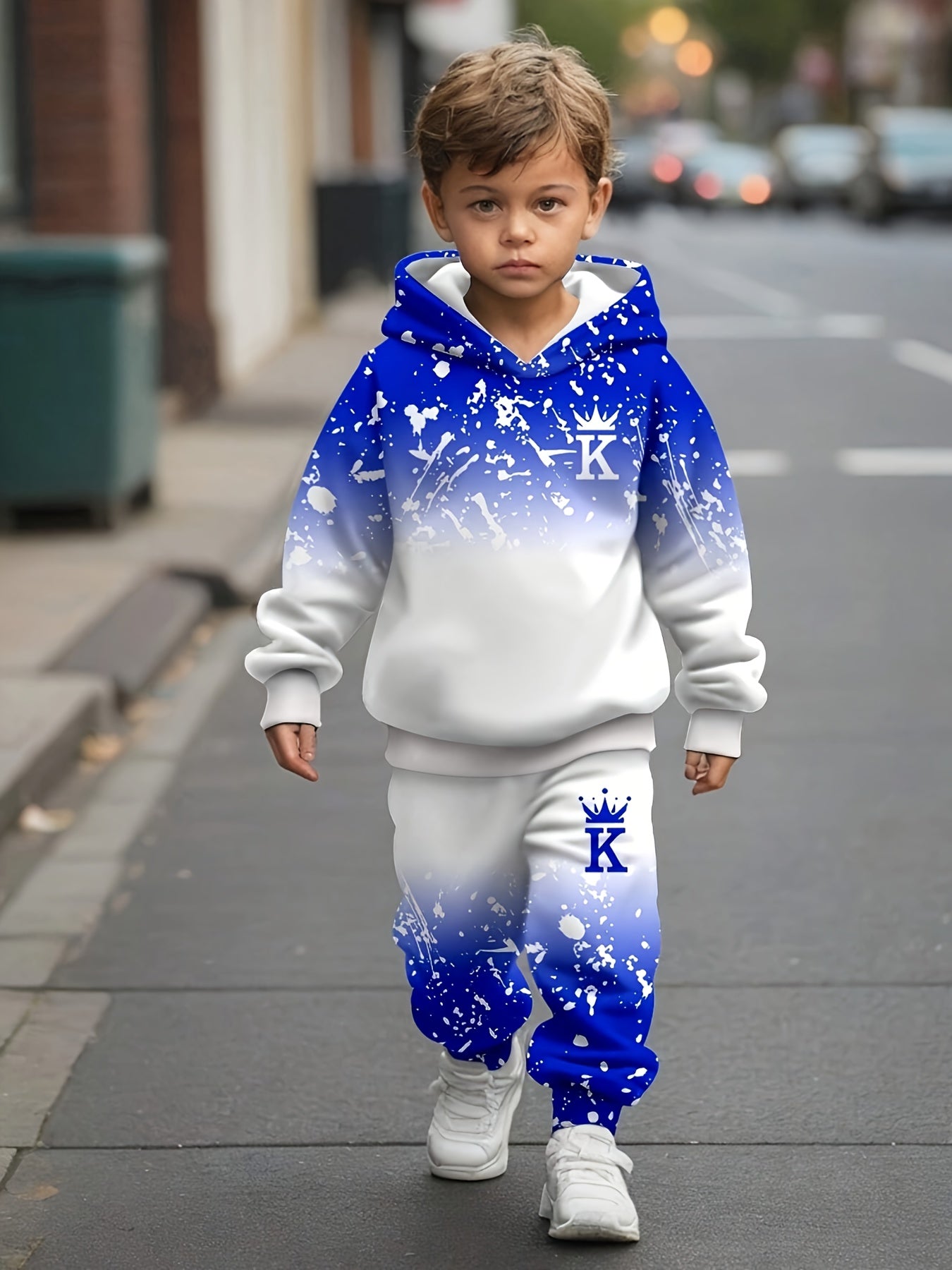 Boy  clothing   2pcs Set, Casual Crown Letter Printed Hoodie and Pants Outfit