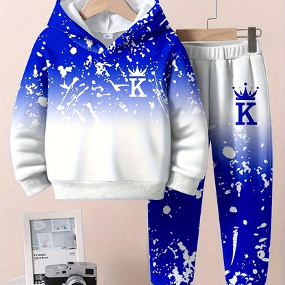 Boy  clothing   2pcs Set, Casual Crown Letter Printed Hoodie and Pants Outfit