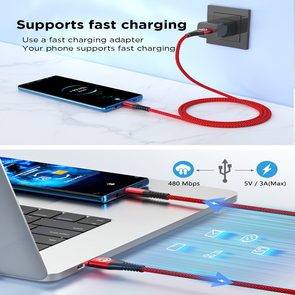 Mobile  3pcs Of Type-C Charging Cables, 6ft/1.8m Fast Charging 3A Fast Charging Cable, Nylon Braided C-type Charging Cable