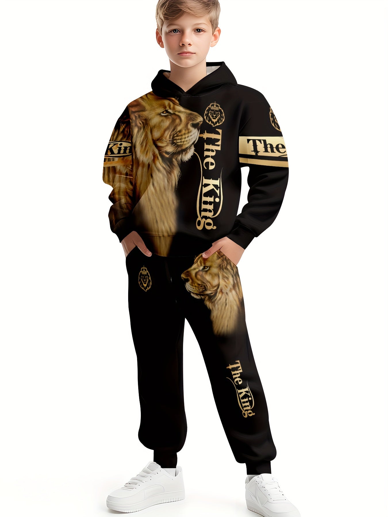 Boy clothing  3D Lion Print Hoodie & Joggers Set