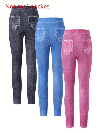 Girl clothing  3pcs Girls' Fashionable Denim-Look Leggings - Stretchy & Comfortable