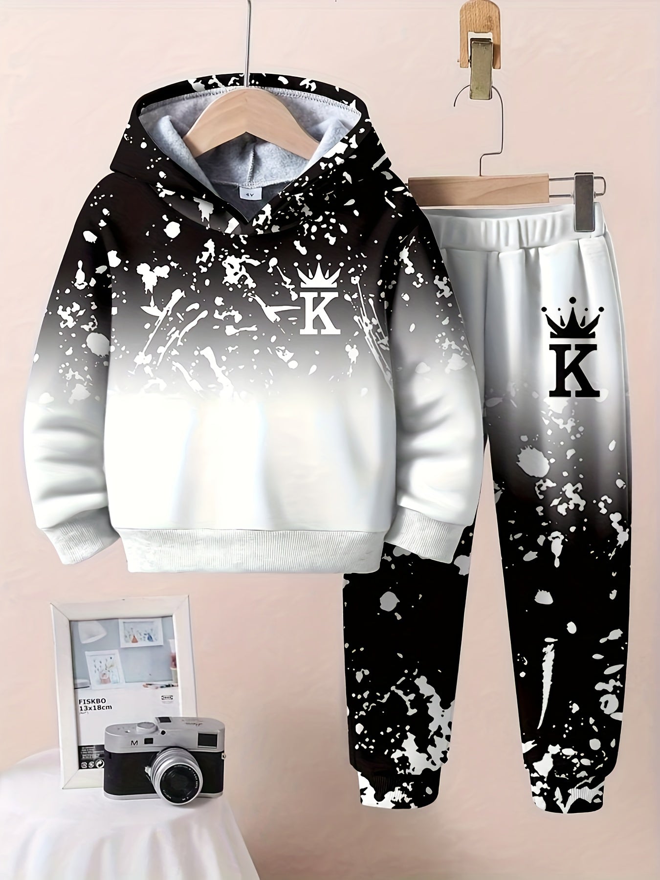 Boy  clothing   2pcs Set, Casual Crown Letter Printed Hoodie and Pants Outfit