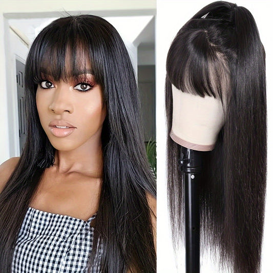 Crown & Glory Wigs   Silky Brazilian Virgin Straight Human Hair Wigs with Bangs 150% Density None Lace Front Wigs Glueless Machine Made Wigs for Women Natural Color