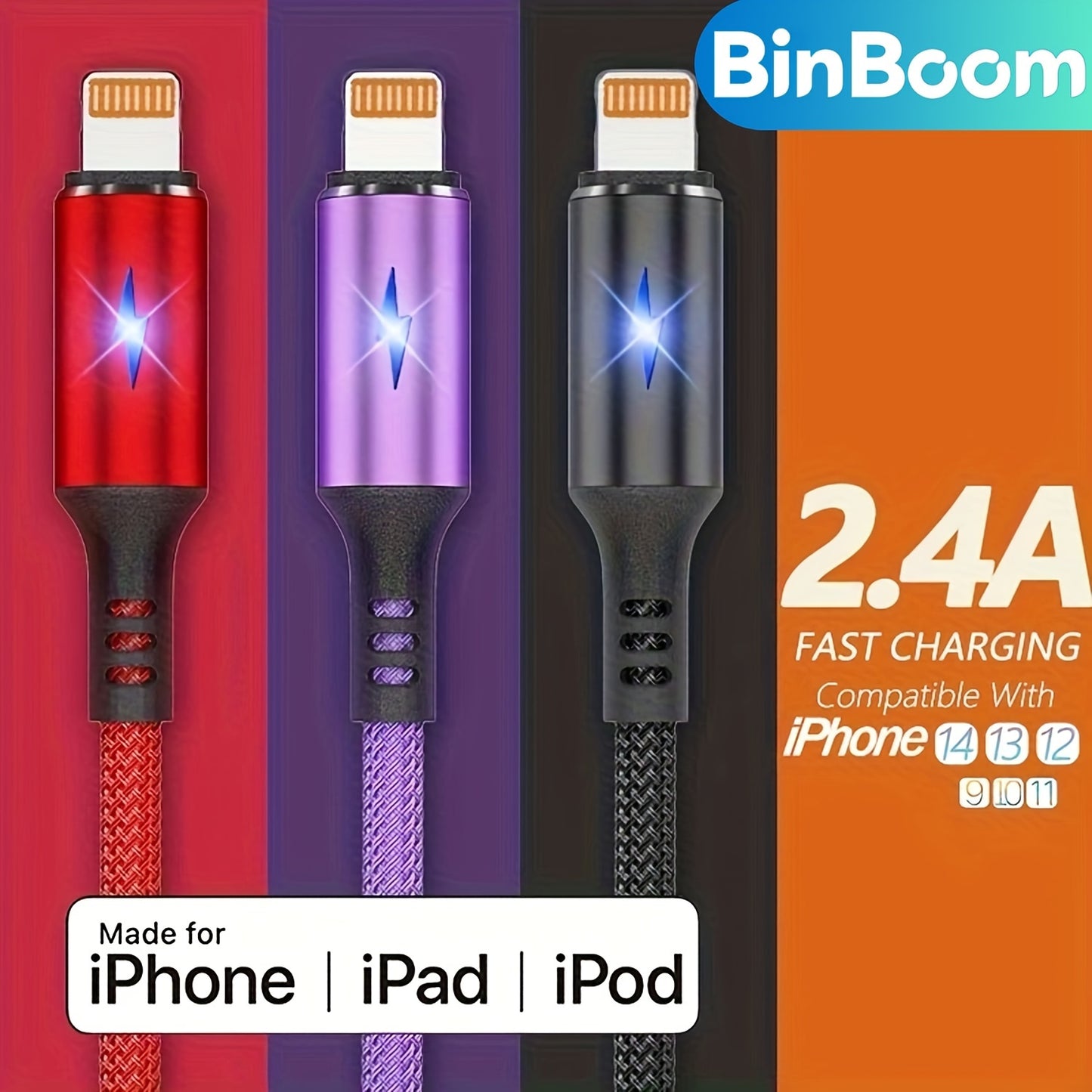 Mobile  Apple Compatible iPhone Charging Cable - Durable Nylon Braided 2.4A Fast Charging Cord