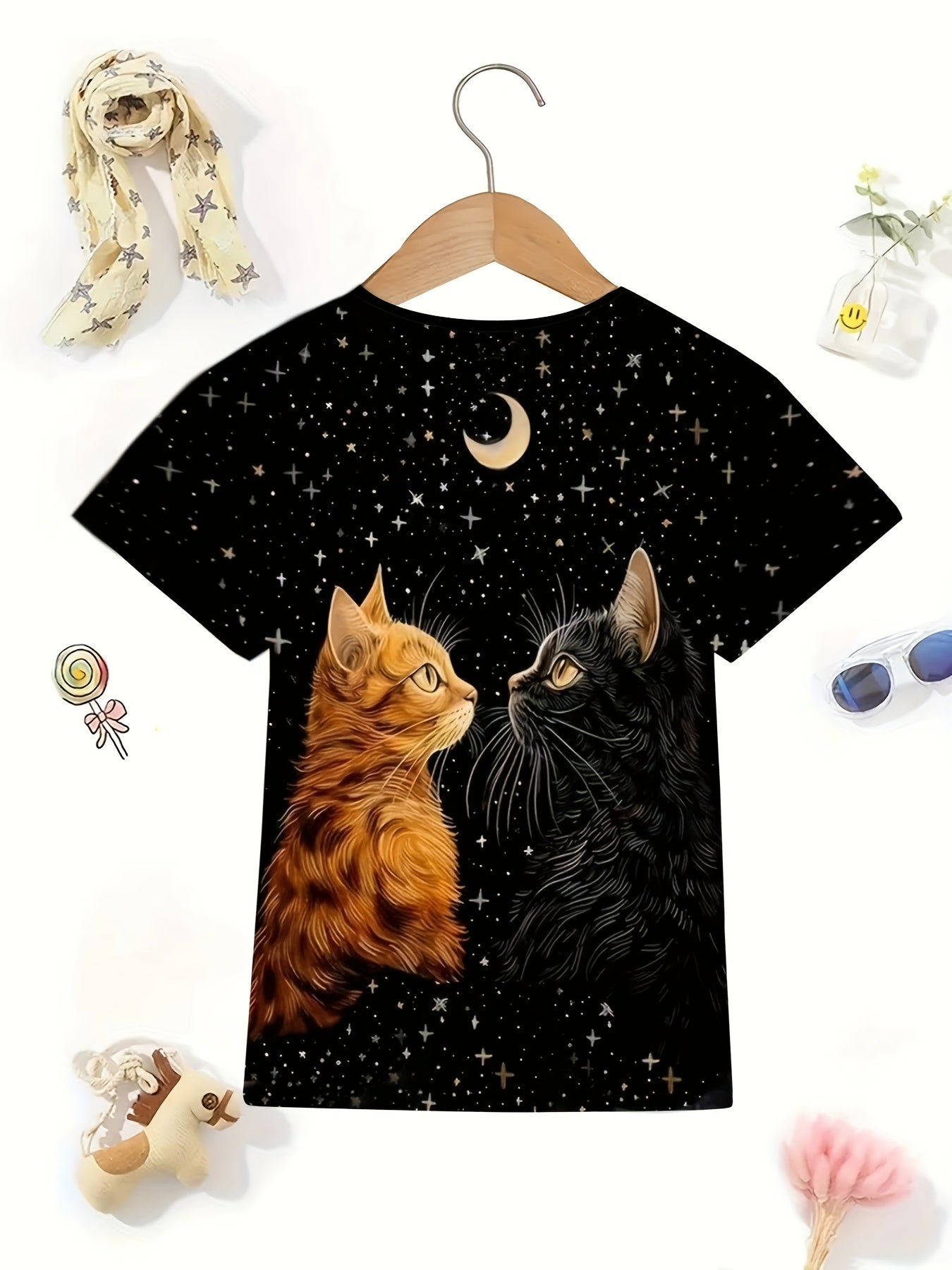 Boy  clothing  Girls/boys Trendy 3D Moon & Cat Print Short Sleeve T-shirt