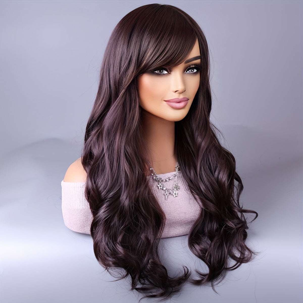 Crown & Glory Wigs  Long Reddish Brown Curly Wig With Bangs For Women Curly Wavy Wigs Synthetic Heat Resistant Fiber For Daily Party Cosplay Use