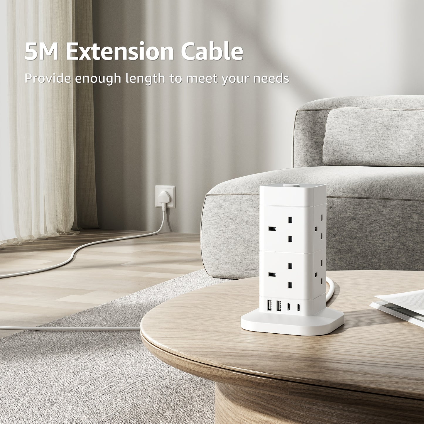 Kitchen  Tower Extension Lead 2M/3M/5M With USB Slots, Hotimy 8 Way 4 USB (2 USB-A&2 USB C) Multi Plug Extension Tower