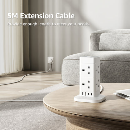 Kitchen  Tower Extension Lead 2M/3M/5M With USB Slots, Hotimy 8 Way 4 USB (2 USB-A&2 USB C) Multi Plug Extension Tower