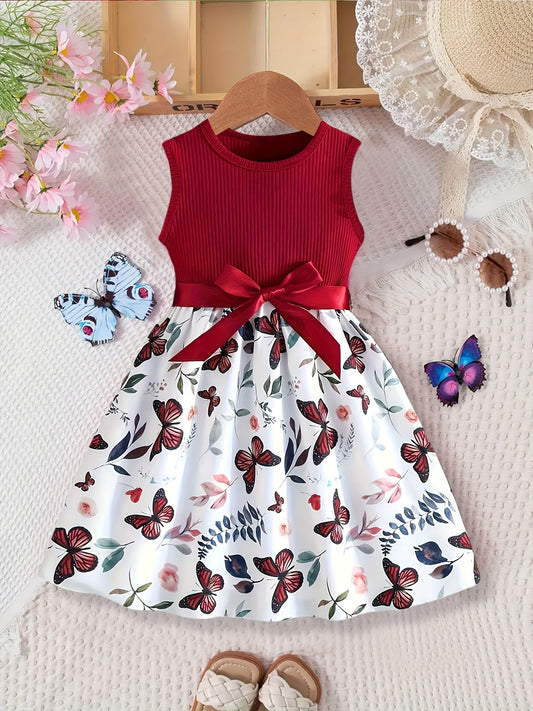 Girl clothing   Stylish  Rib Knit Sleeveless Belted Butterflies Pattern Dress