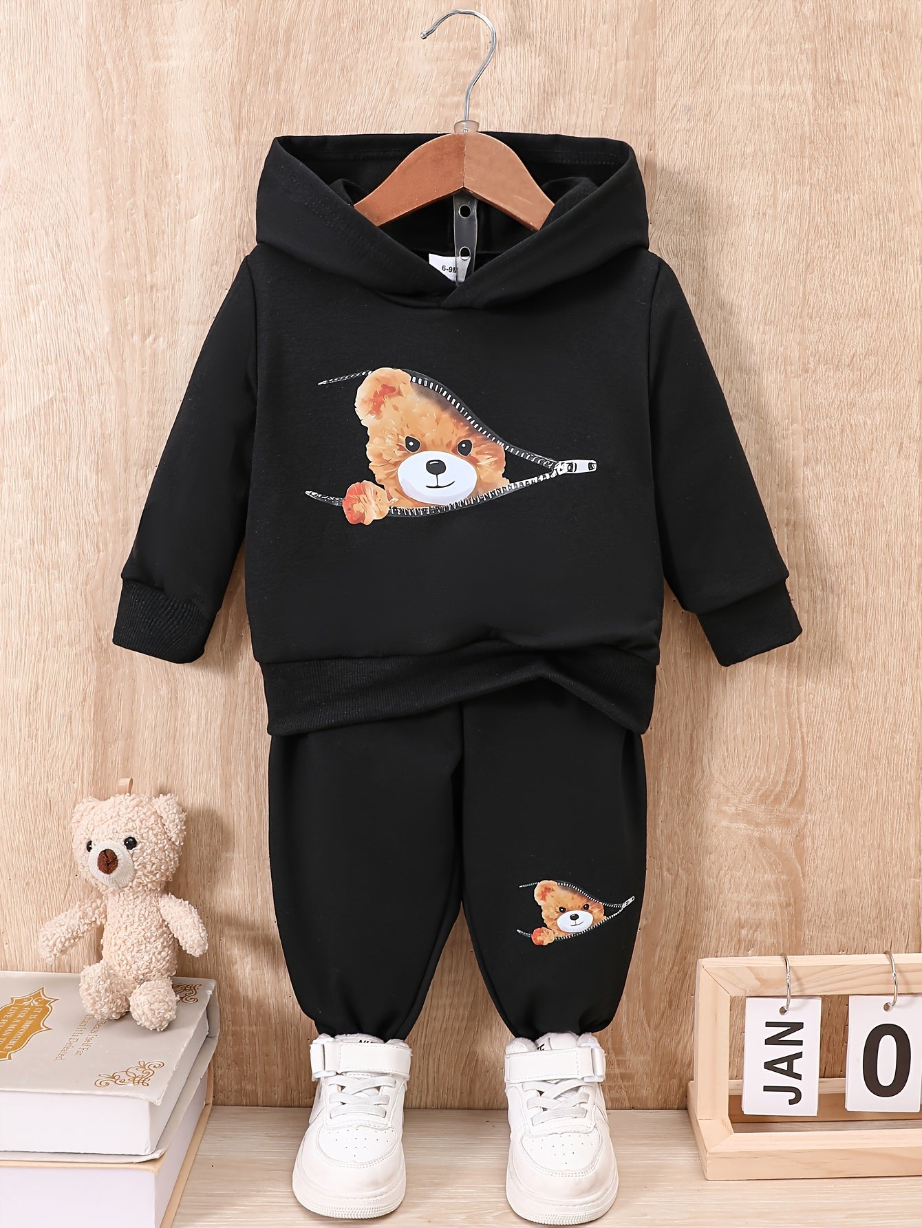 Boy  clothing  Boys And Babies  Zipper Bear Print Long-Sleeved Sweatshirt + Print Trousers Two-Piece Set