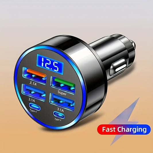 Car  1pc 6-in-1 Fast Charging Car Charger with QC3.0, Dual PD & Digital Display - USB Adapter for Cigarette Lighter Socket, Compatibility, Female to Male