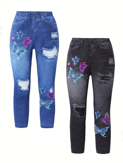 Girl clothing  2pcs, Imitation Denim Butterfly Pattern Pants